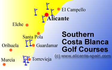 Torrevieja golf courses map to Alicante southern costa blanca