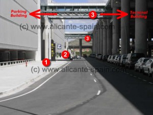 Entry to parking area, car hire drop-off and walking tunnels at Alicante airport